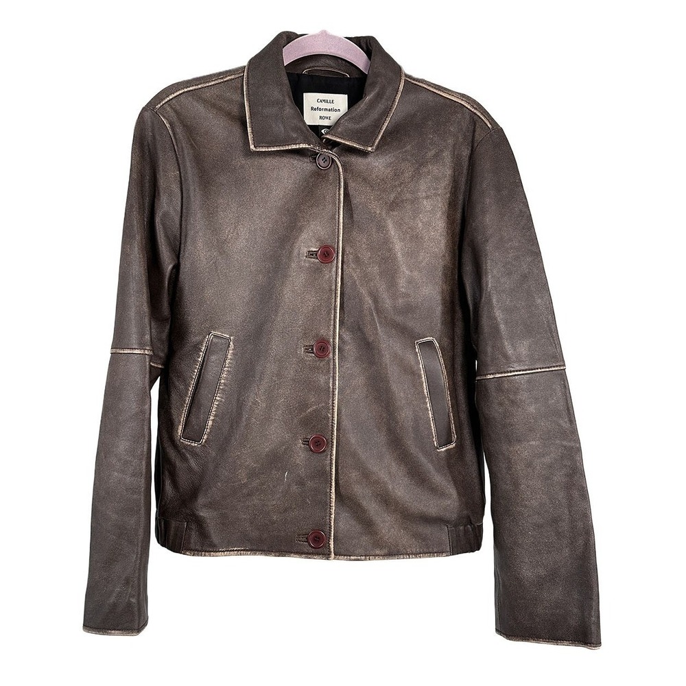 Reformation x Camille Rowe Veda Allen Leather Jacket Distressed Brown Small S
